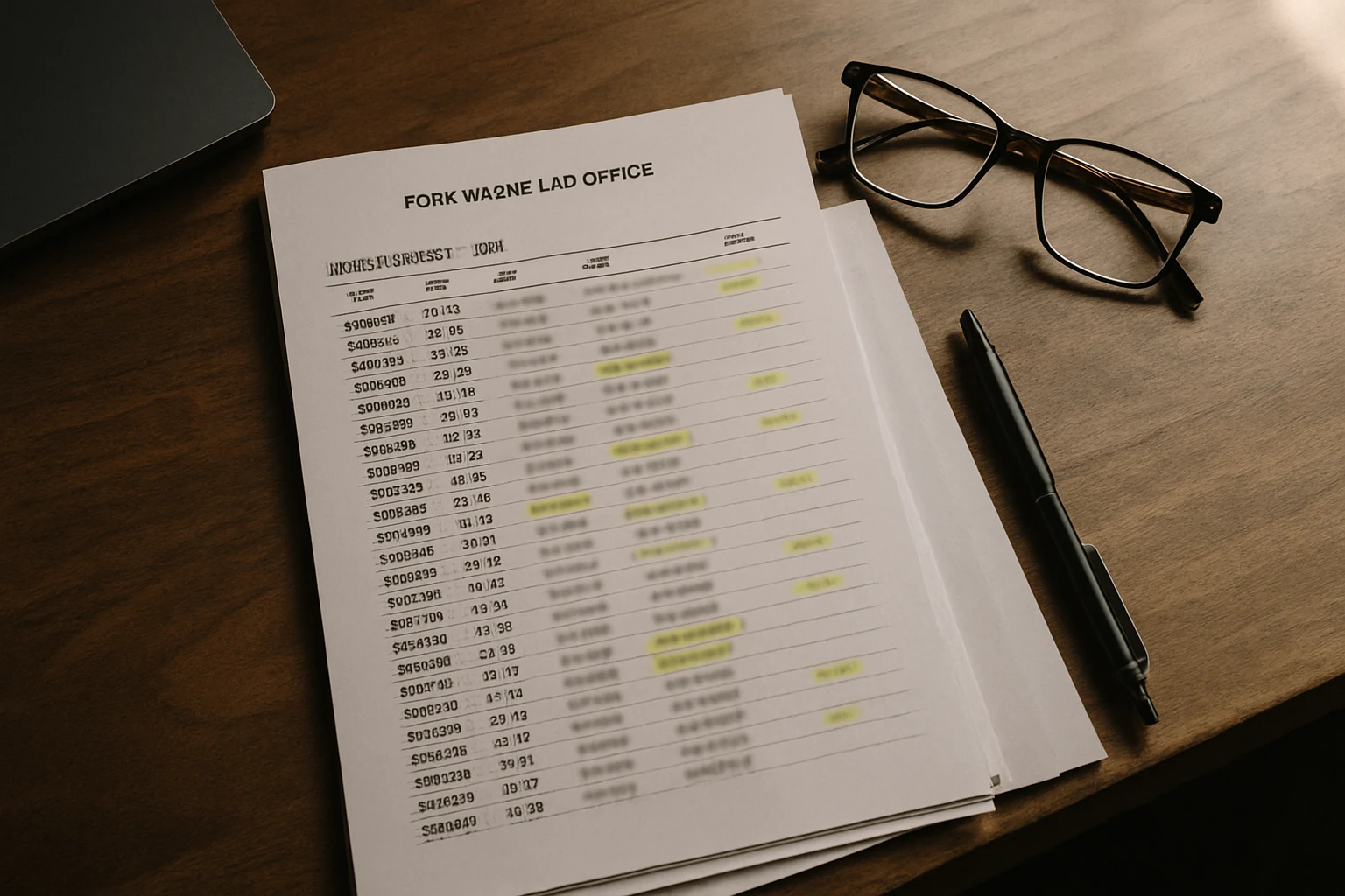 Printed mobile phone activity log with highlighted timestamps on a wooden desk in a Fort Wayne law office