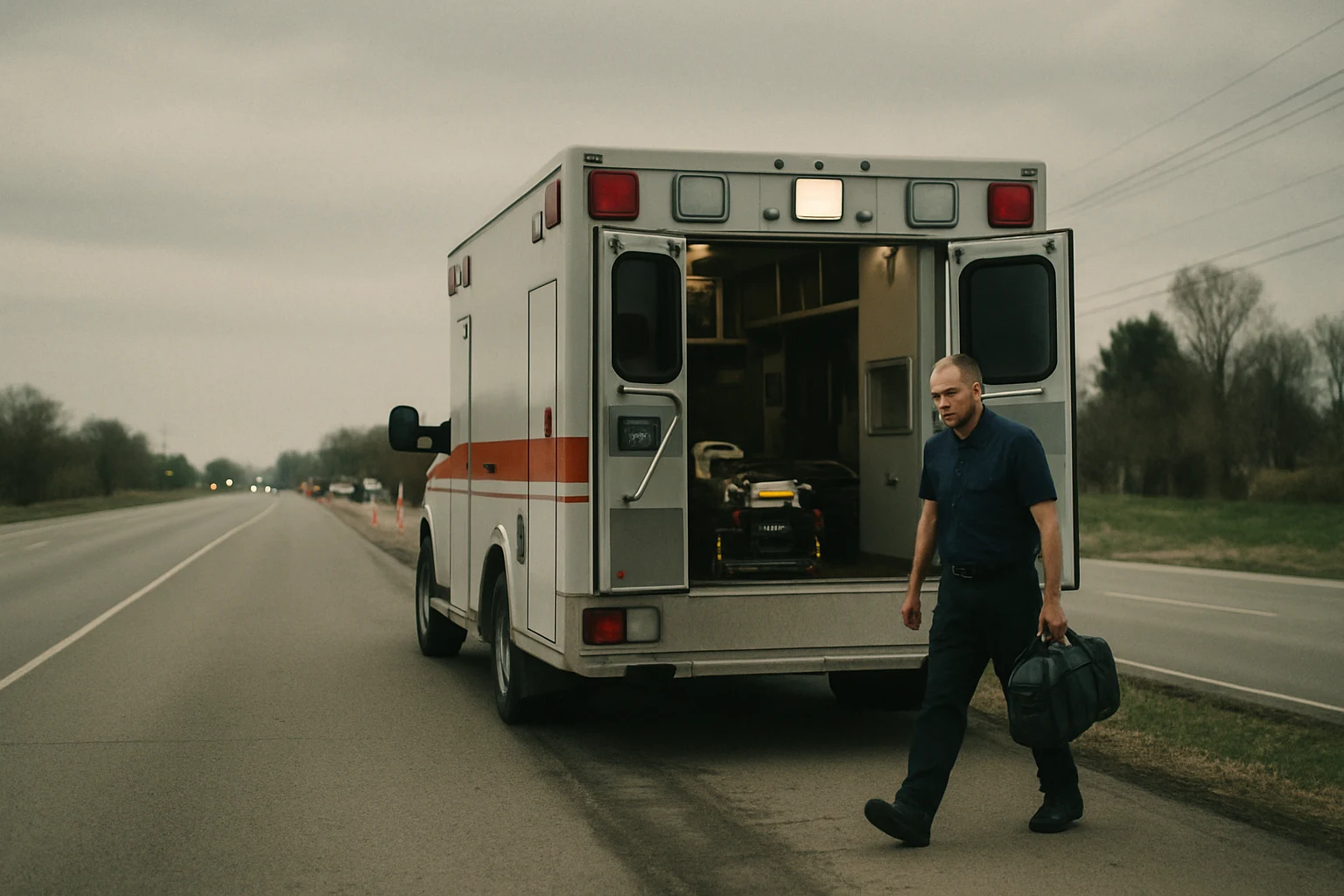 Ambulance with rear doors open at a crash scene on a Fort Wayne road in late afternoon