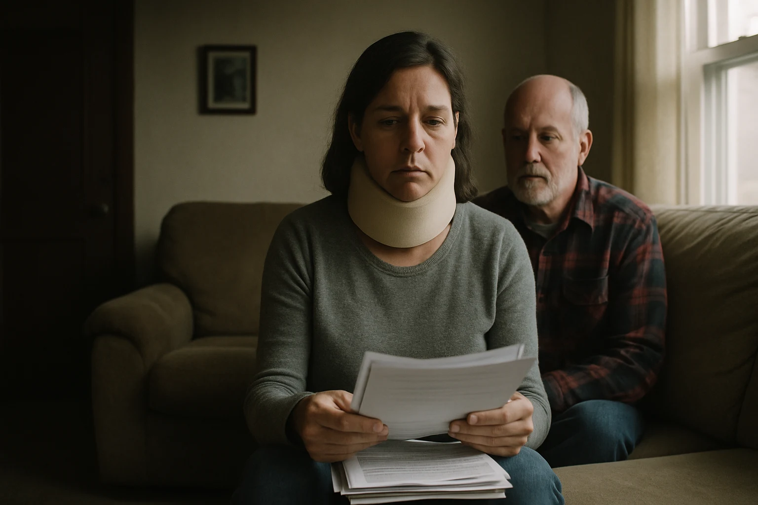 Crash victim in a neck brace sitting on a couch in a Fort Wayne living room reviewing medical paperwork with a relative