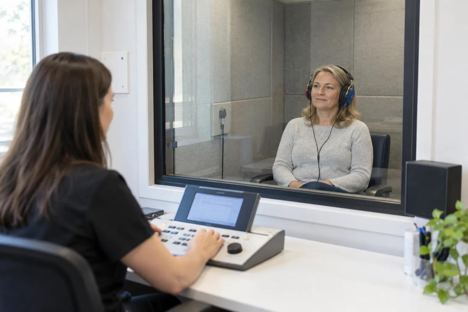 Illustration of an adult wearing audiometry headphones in a hearing-test booth
