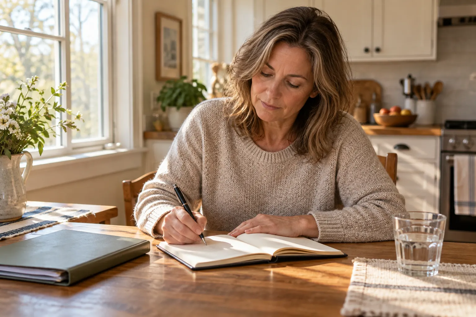 Illustration of an adult writing a personal symptom note at a kitchen table