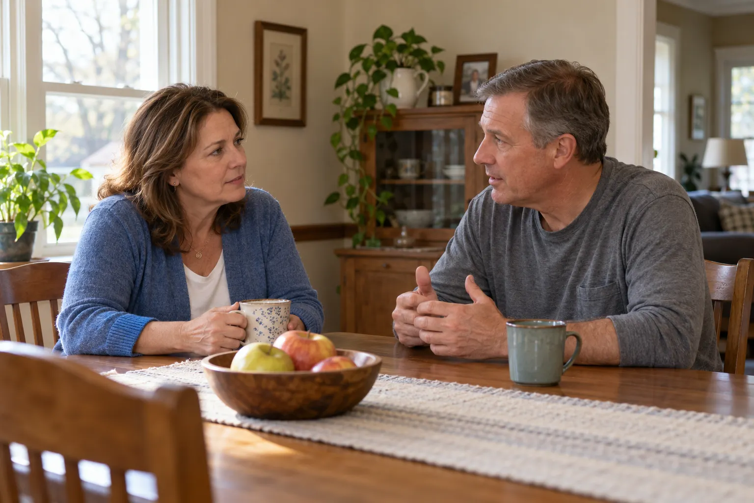 Illustration of two adults having a face-to-face conversation at home
