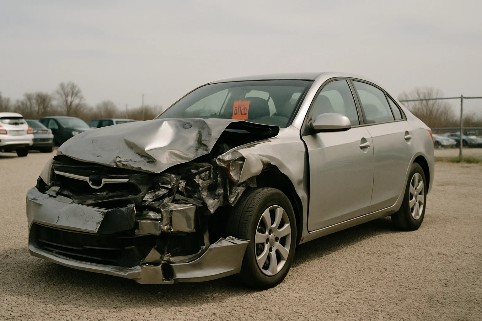 A wrecked sedan sitting in a Fort Wayne tow yard with a quality control hold tag before evidence is lost from a car accident claim