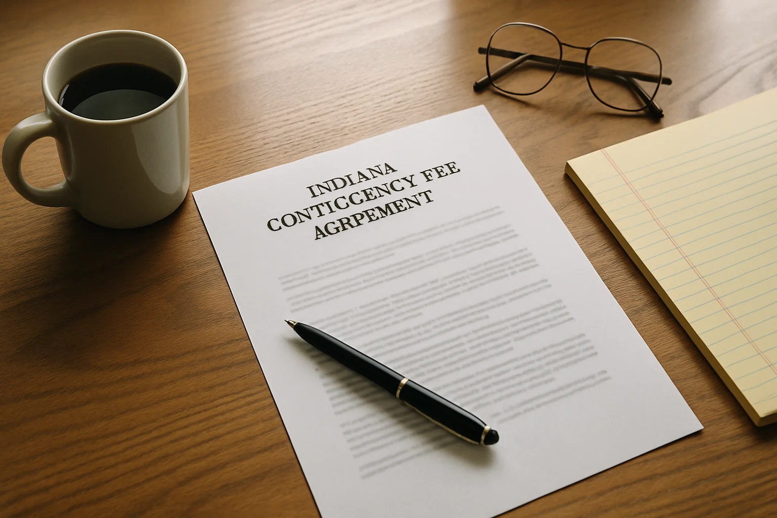 A printed Fort Wayne personal injury contingency fee agreement on a desk with a pen ready to be signed by an injured client