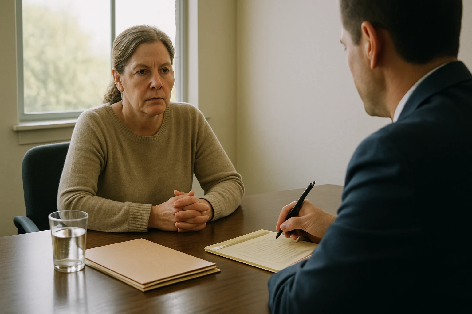 Injured client meeting with a Fort Wayne car accident attorney in a bright consultation room reviewing case strategy