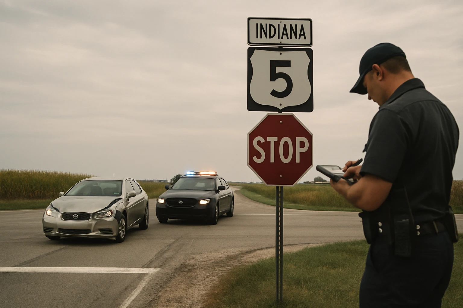 Indiana rural highway crash scene where a Fort Wayne car accident attorney would need to preserve evidence quickly