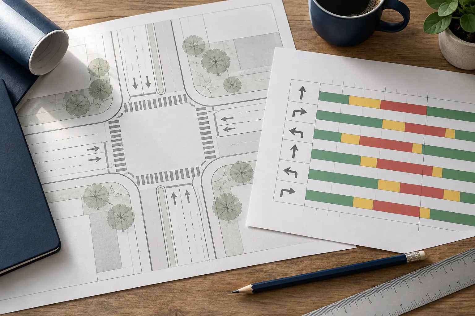 Illustration of an intersection sketch and signal timing chart on a desk