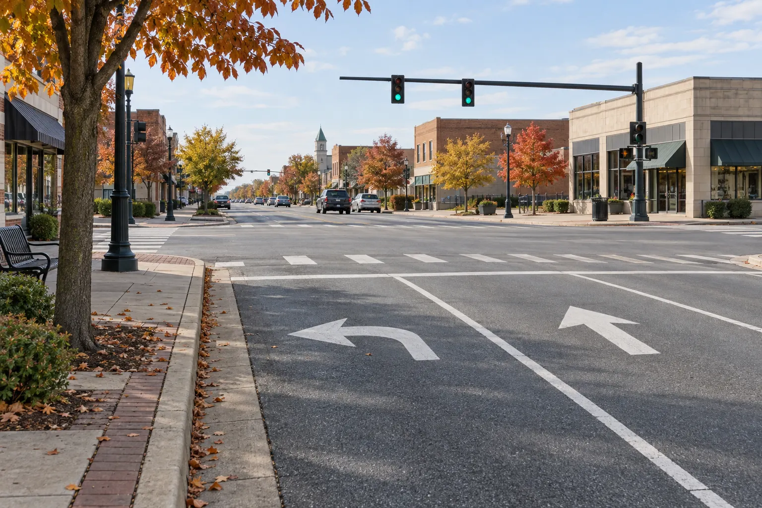 Illustration of marked approach lanes at a quiet signalized intersection