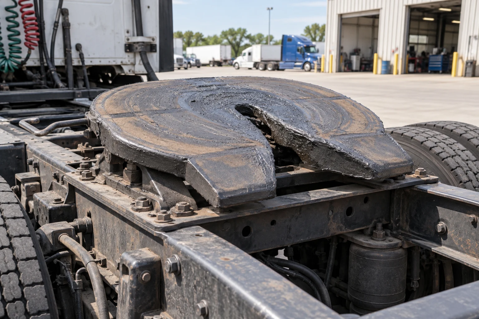 Greased fifth-wheel plate mounted on a parked truck tractor