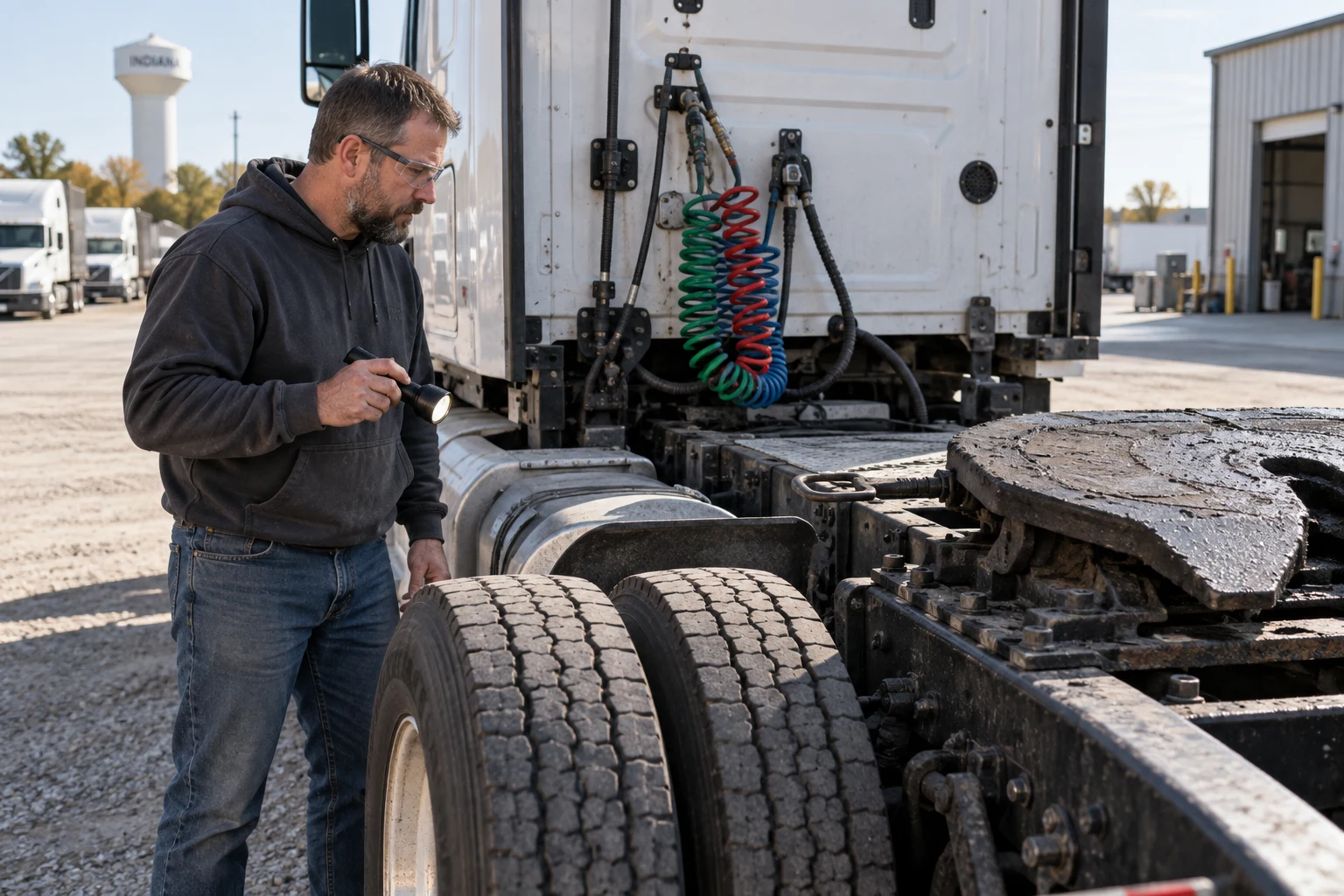 Mechanic with a flashlight standing beside a parked tractor’s coupling area