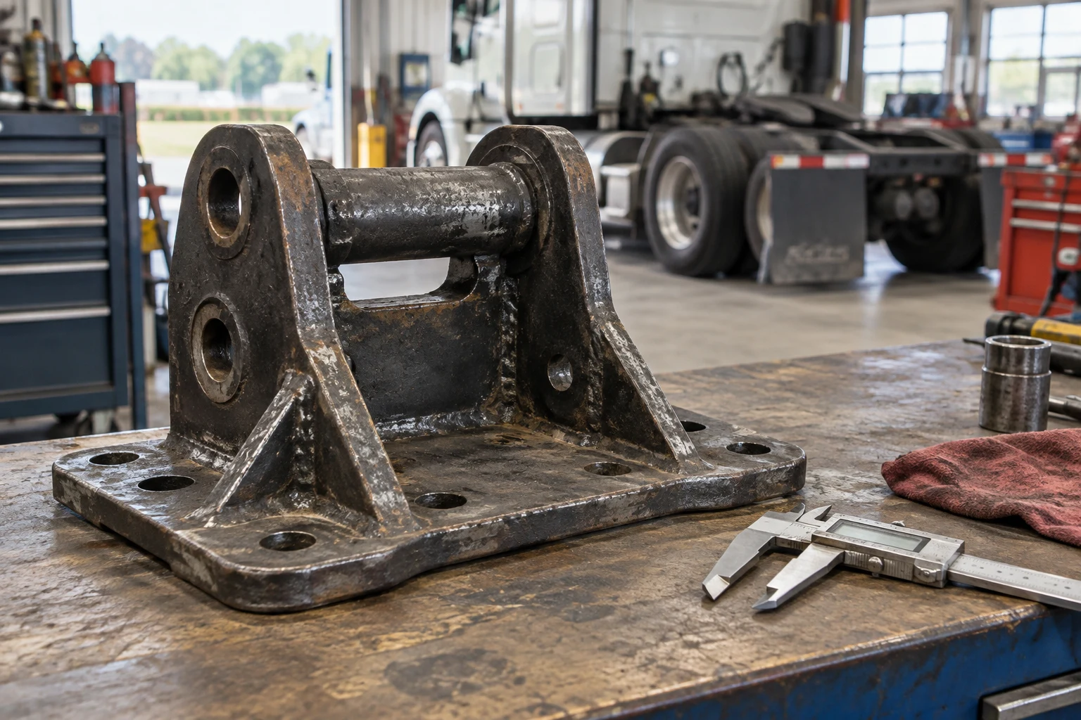 Heavy steel mounting component and caliper on a workshop bench