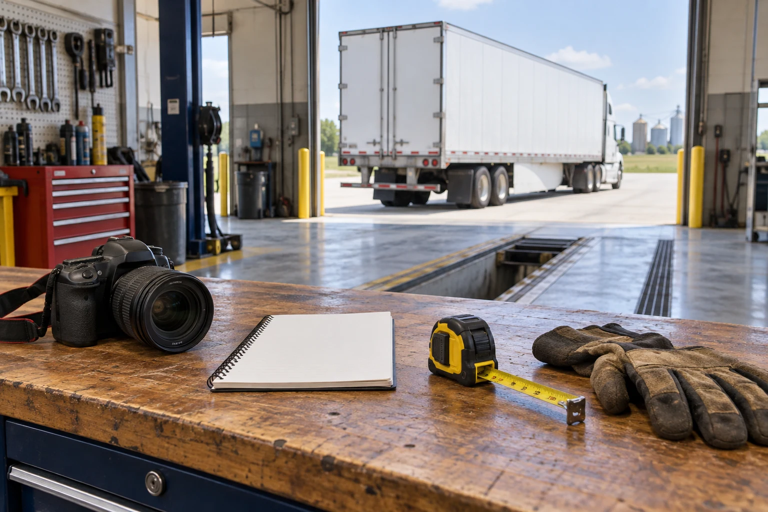 Camera, notebook, tape measure and gloves on a vehicle-inspection workbench