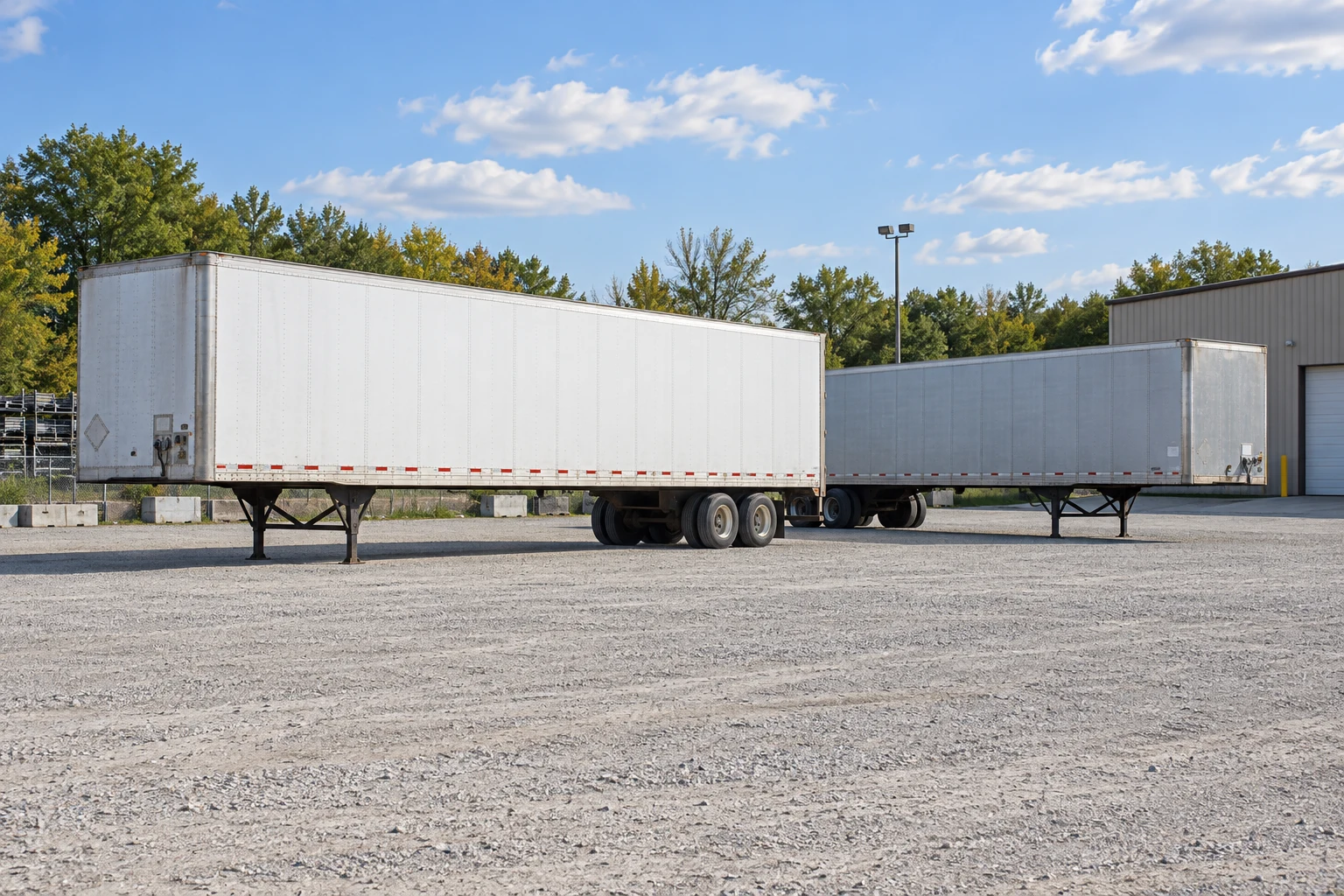 Two parked semitrailers on landing legs in a quiet storage yard