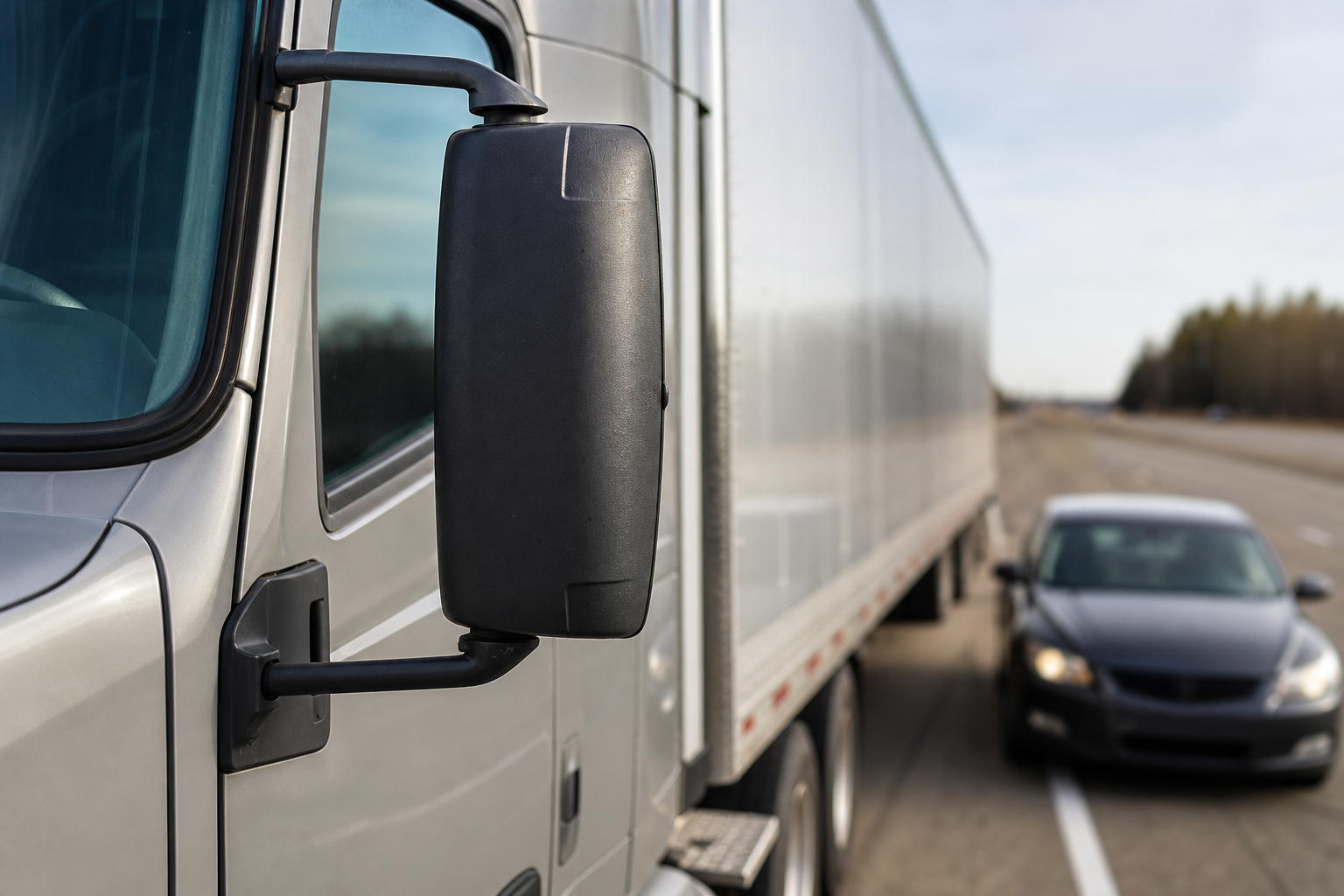 Semi truck side mirror with passenger vehicle near trailer blind spot