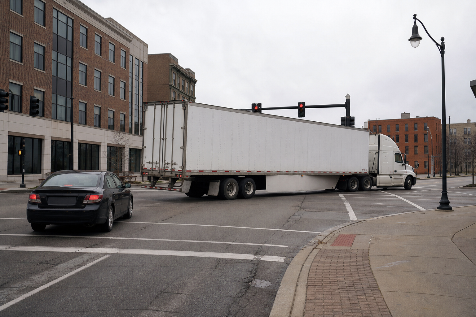 Semi truck making a wide right turn while passenger car waits safely behind