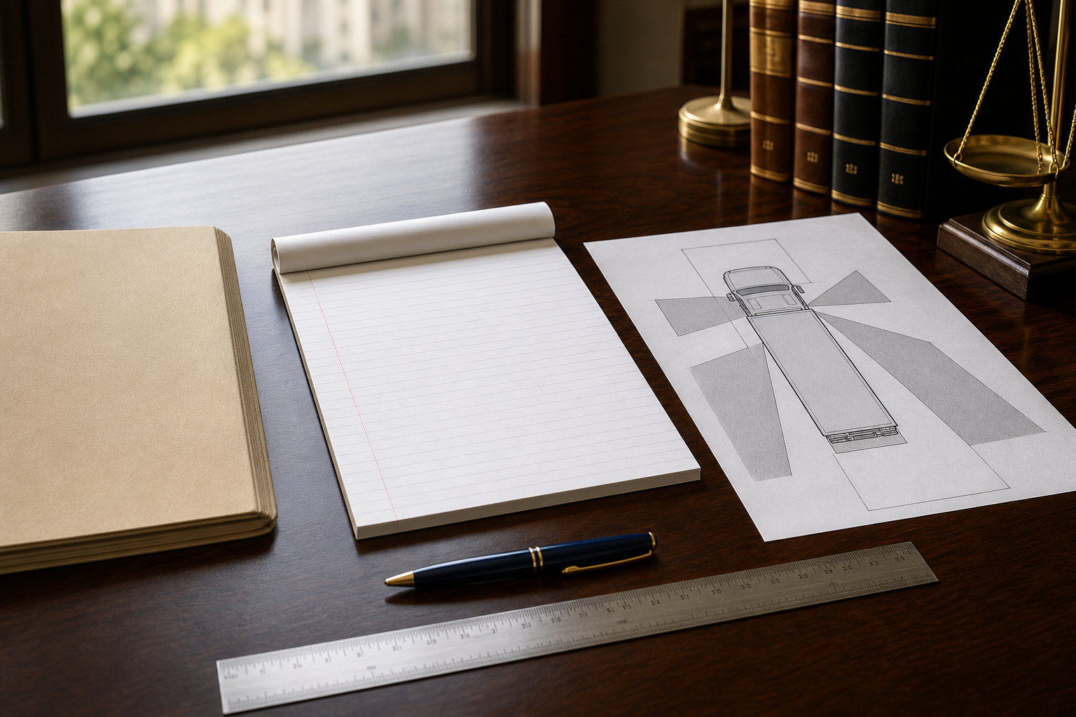 Truck blind spot accident evidence folder on a law office desk
