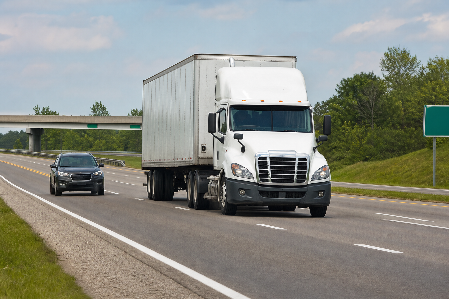 Semi truck merging onto an Indiana highway with passenger car at a safe distance