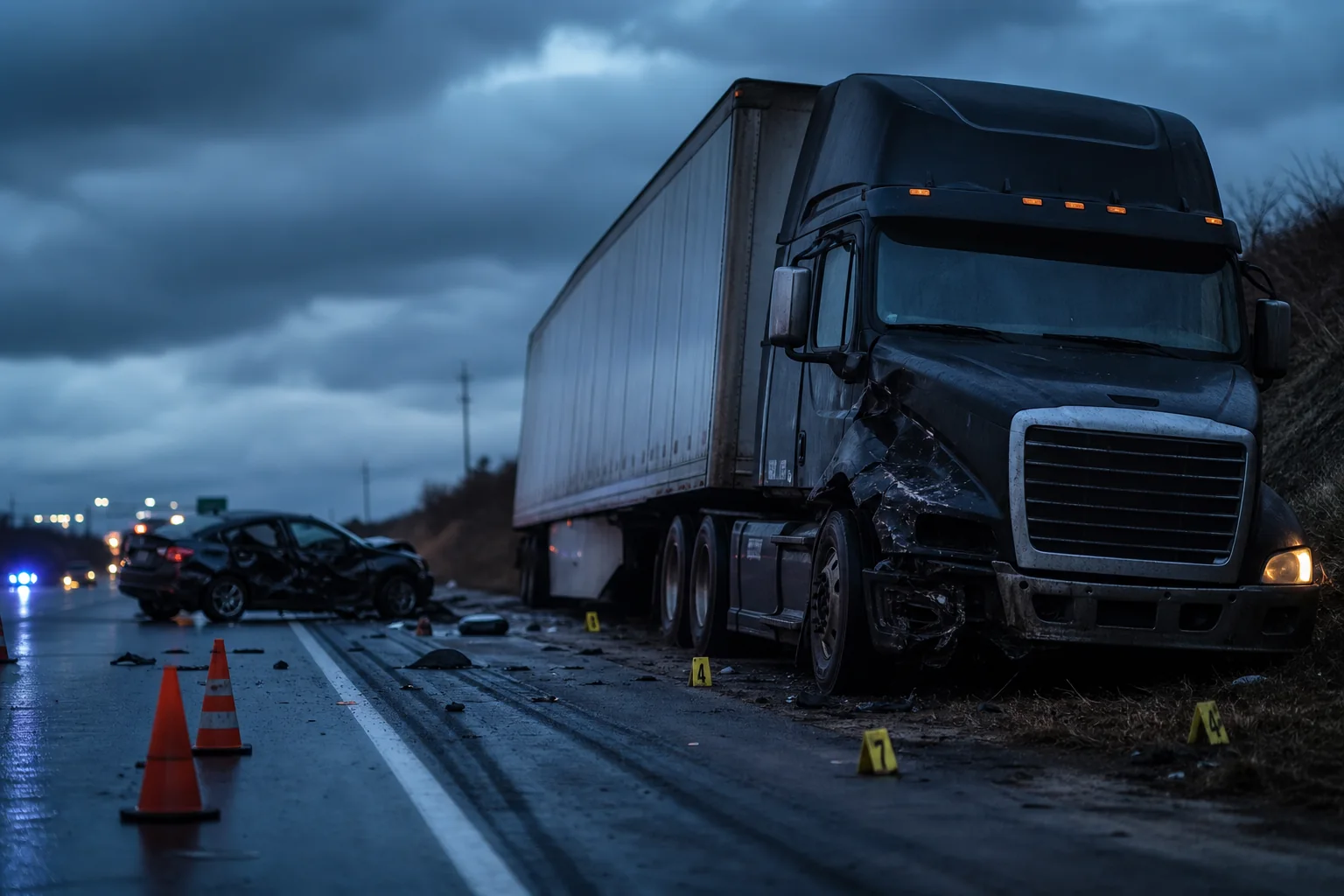 Indiana highway shoulder after a semi truck crash involving possible brake failure
