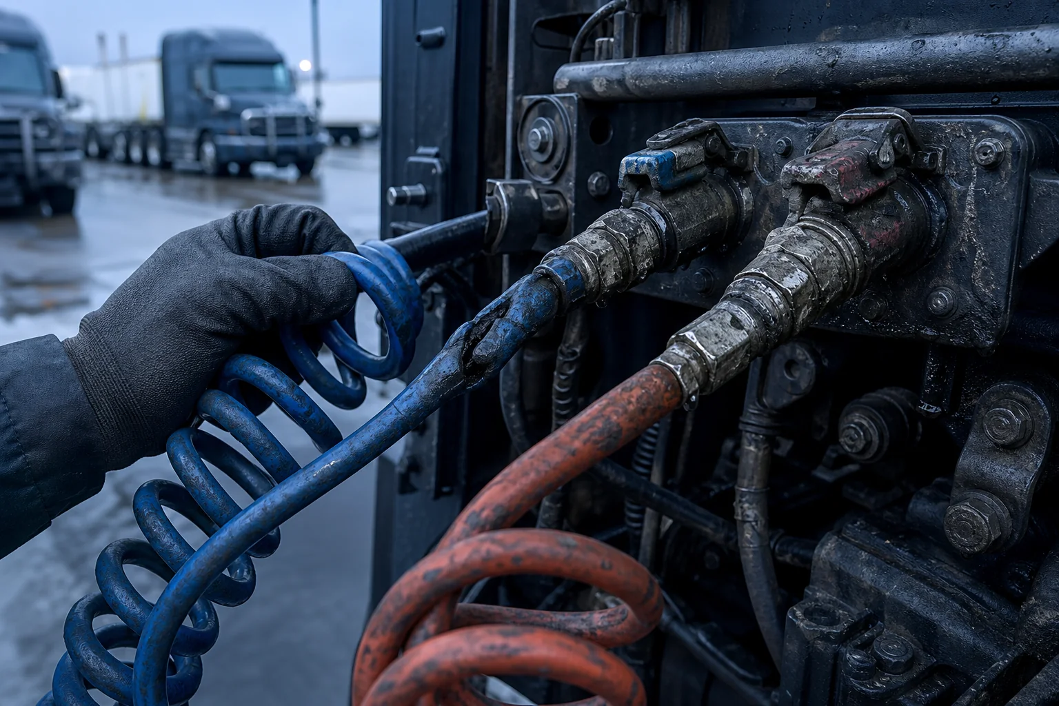 Semi truck air brake lines and connections being inspected at a fleet yard