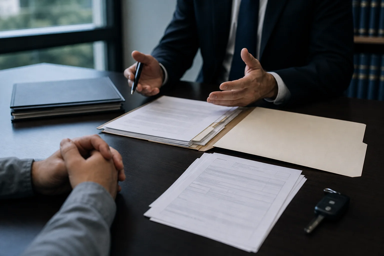 Truck brake failure claim file on an Indiana law office conference table