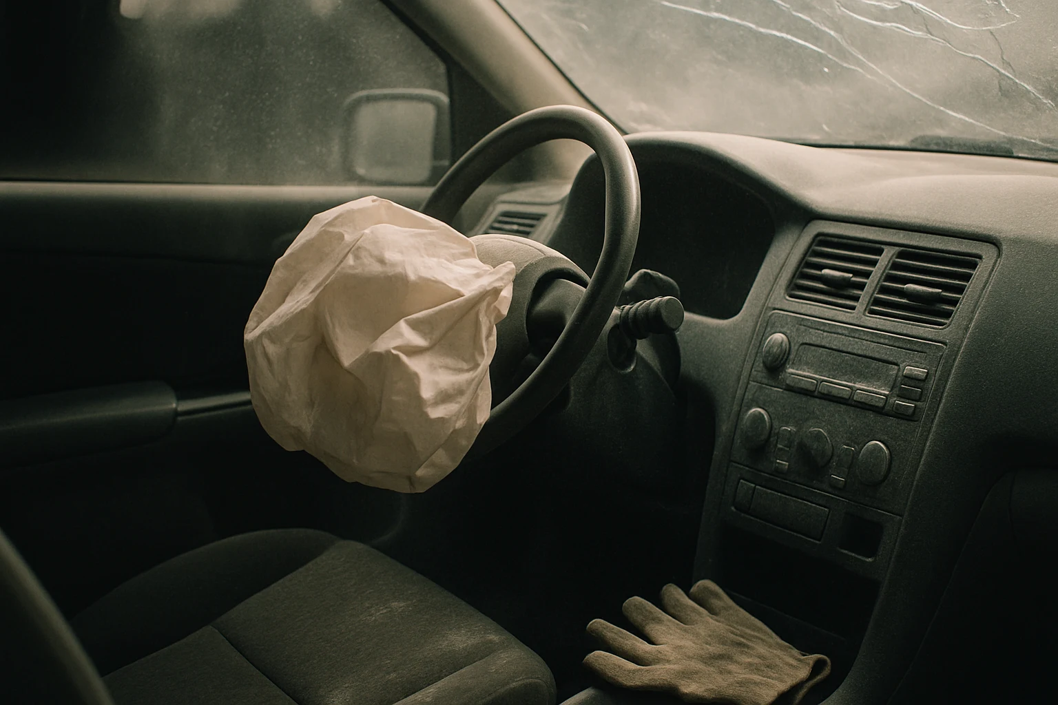 Deployed airbag and dust in the cabin of a Fort Wayne sedan after a head-on collision