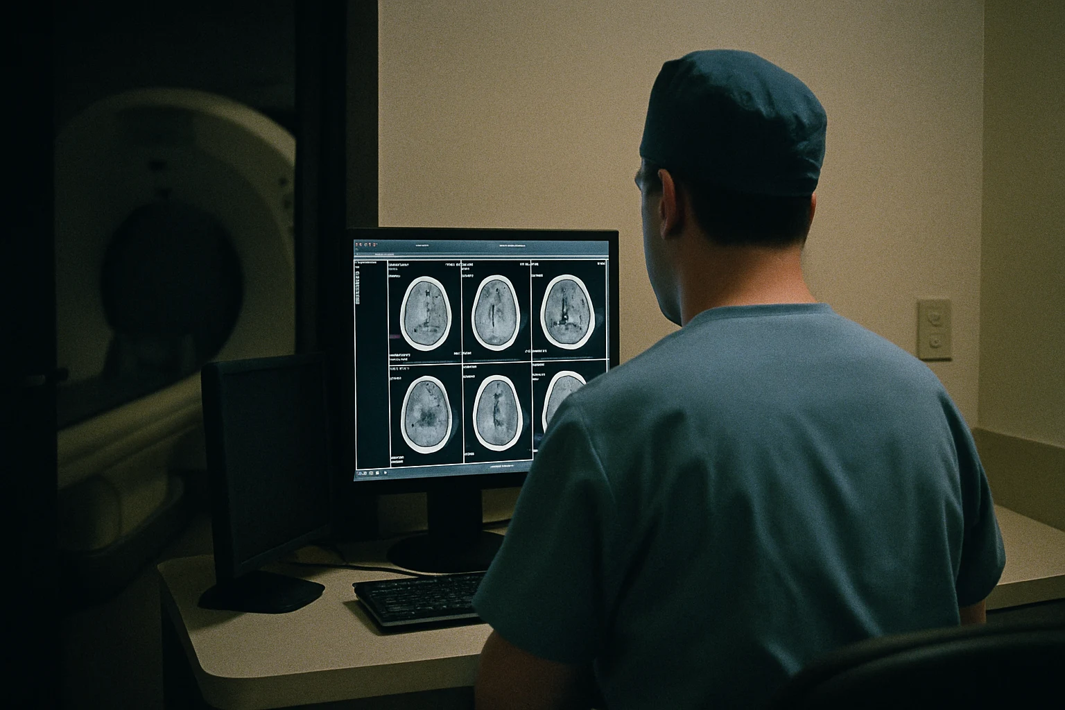 A CT scan technician reviewing brain imaging at a Fort Wayne hospital after a car accident