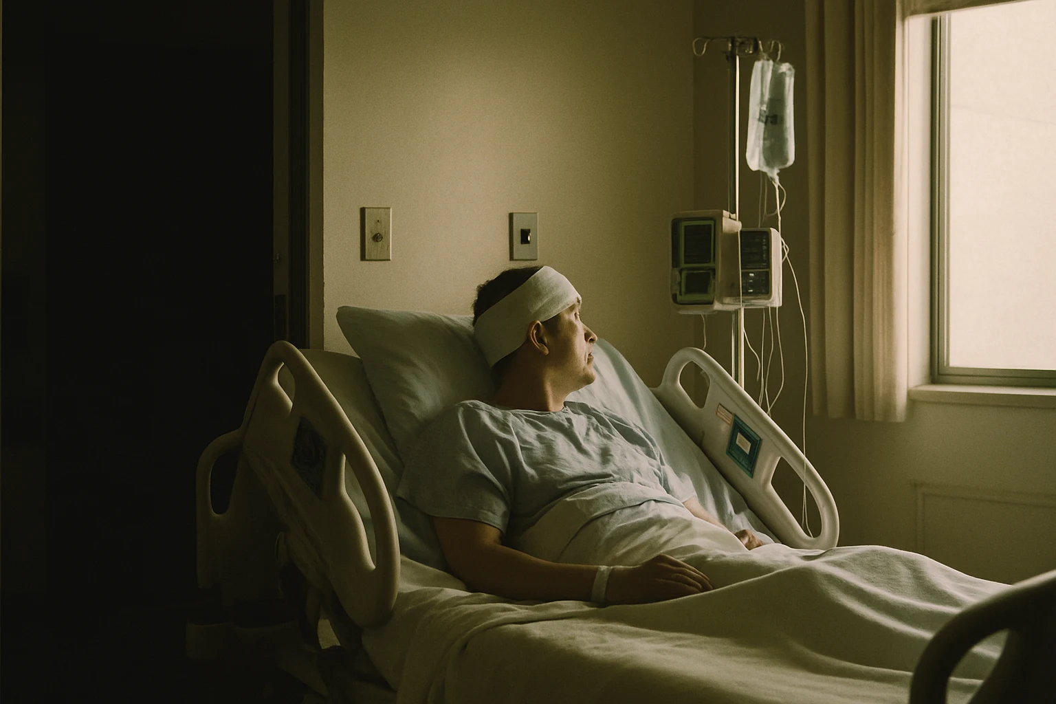 A Fort Wayne hospital room with a patient in bed recovering from a serious head injury after a crash