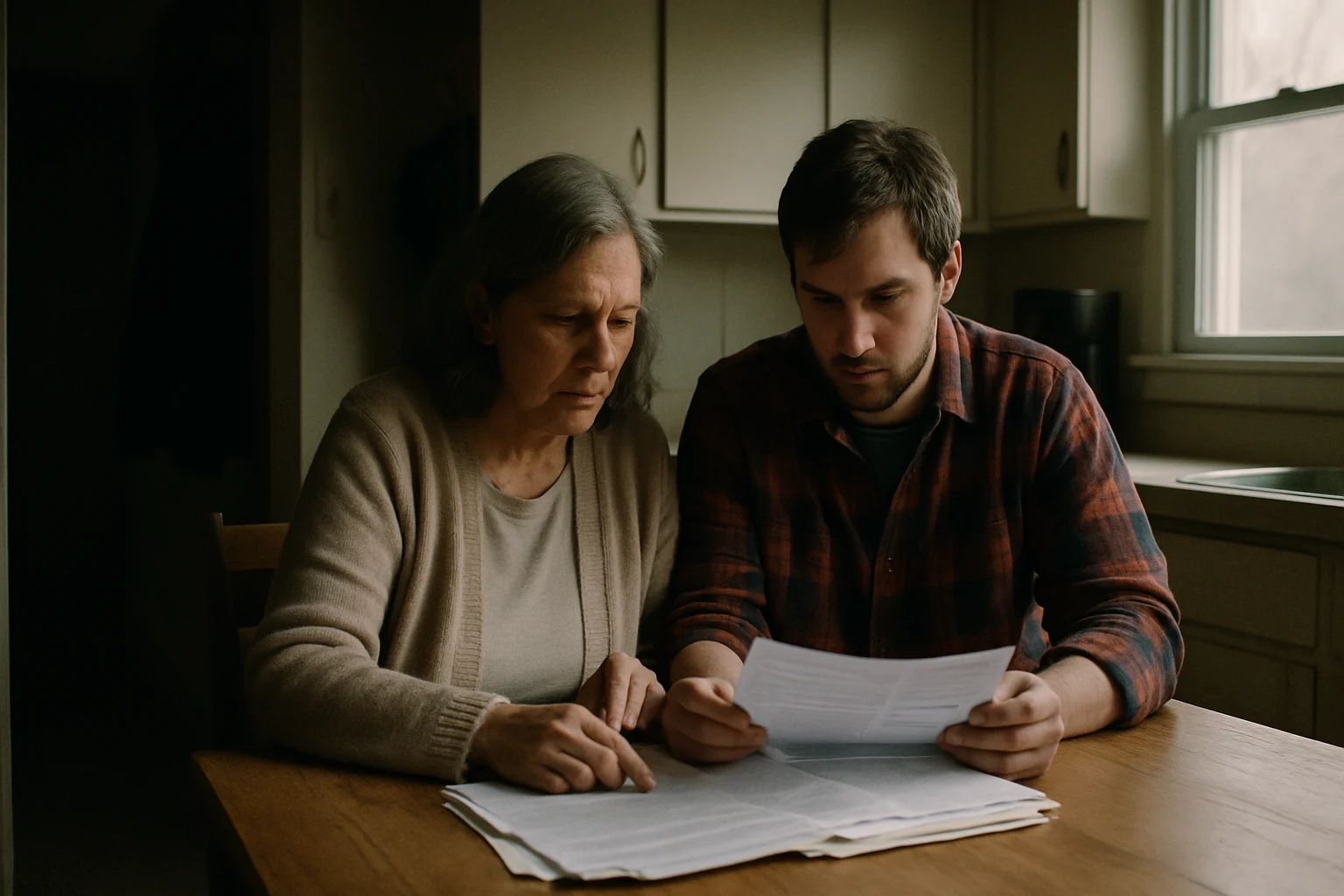 A family gathered at a Fort Wayne kitchen table reviewing medical paperwork after a relative's head injury