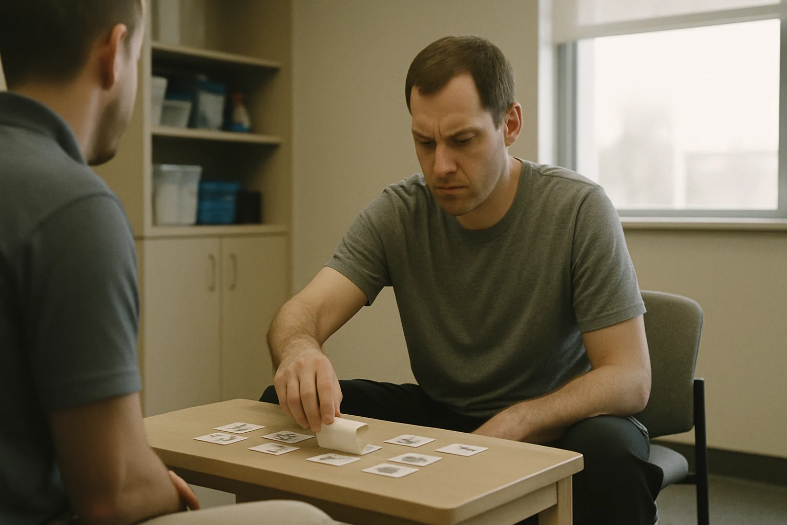 A neurorehabilitation therapy room in a Fort Wayne clinic with a patient working on cognitive exercises