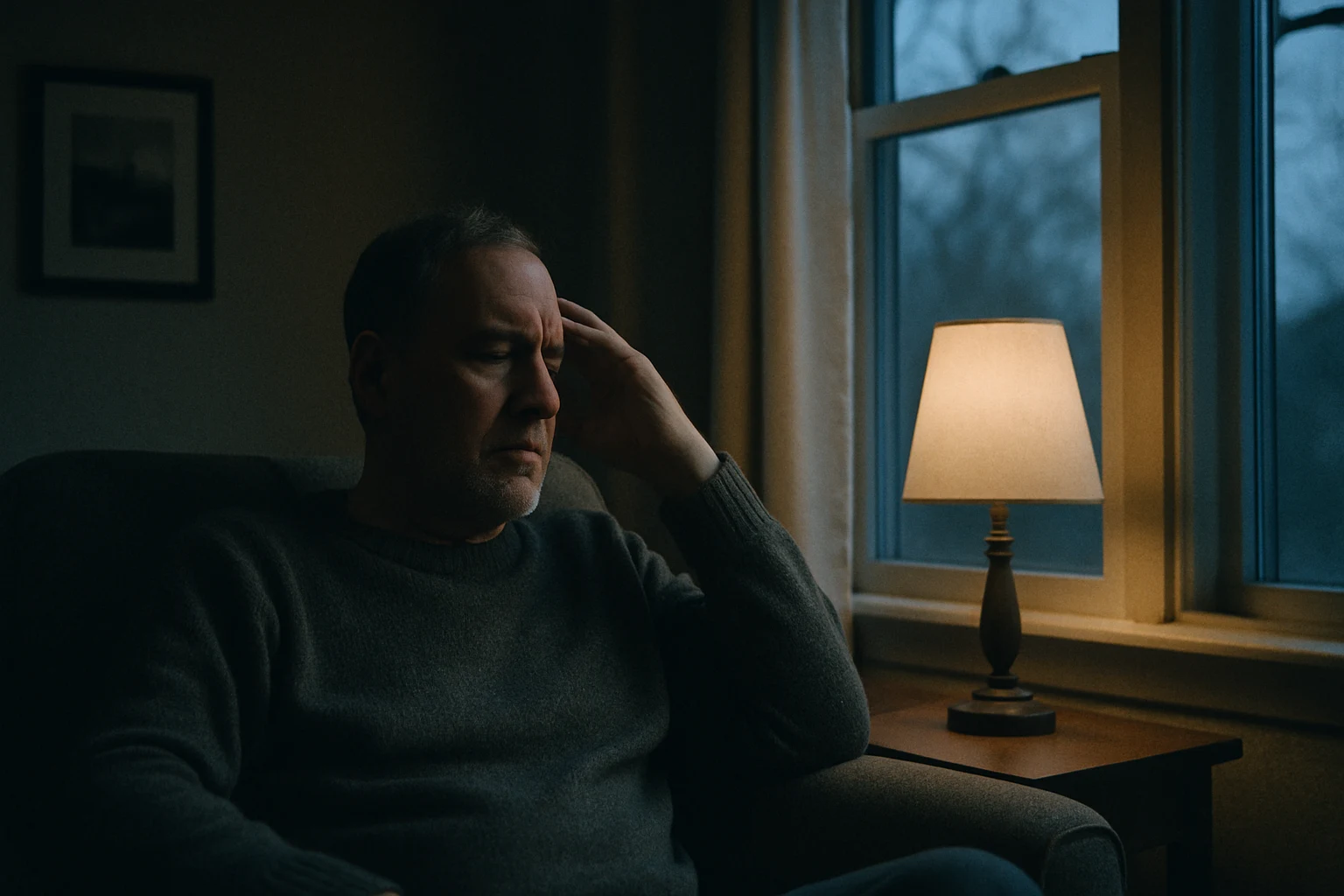 A Fort Wayne crash victim sitting by a window at dusk dealing with persistent post-concussive symptoms