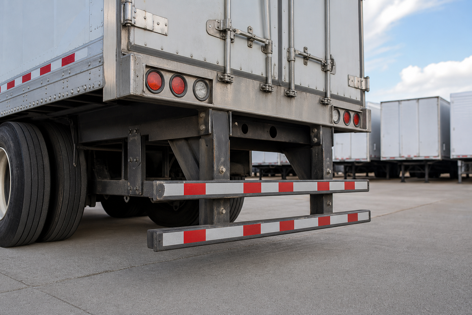 Rear underride guard on a semi trailer in an Indiana fleet yard