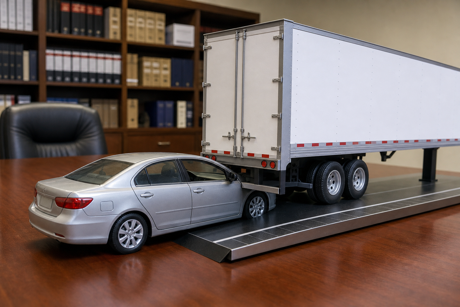 Scale model reconstruction of a passenger vehicle underriding a semi trailer