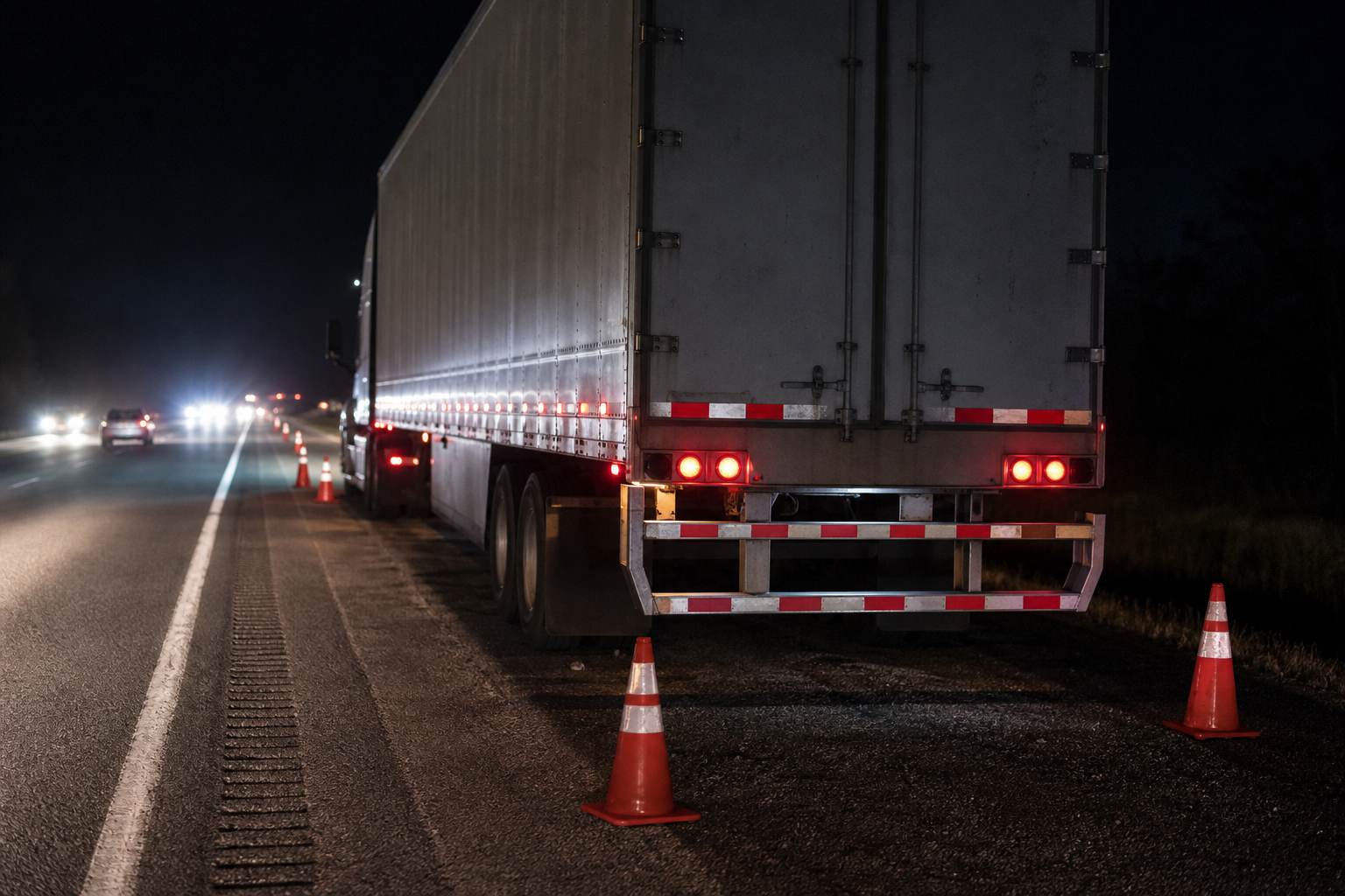 Semi trailer stopped on an Indiana highway shoulder at night with cones and reflective markings