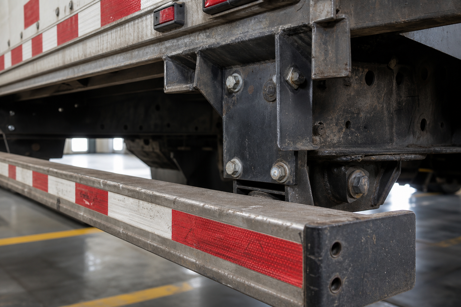 Close inspection of semi trailer rear impact guard brackets bolts and welds