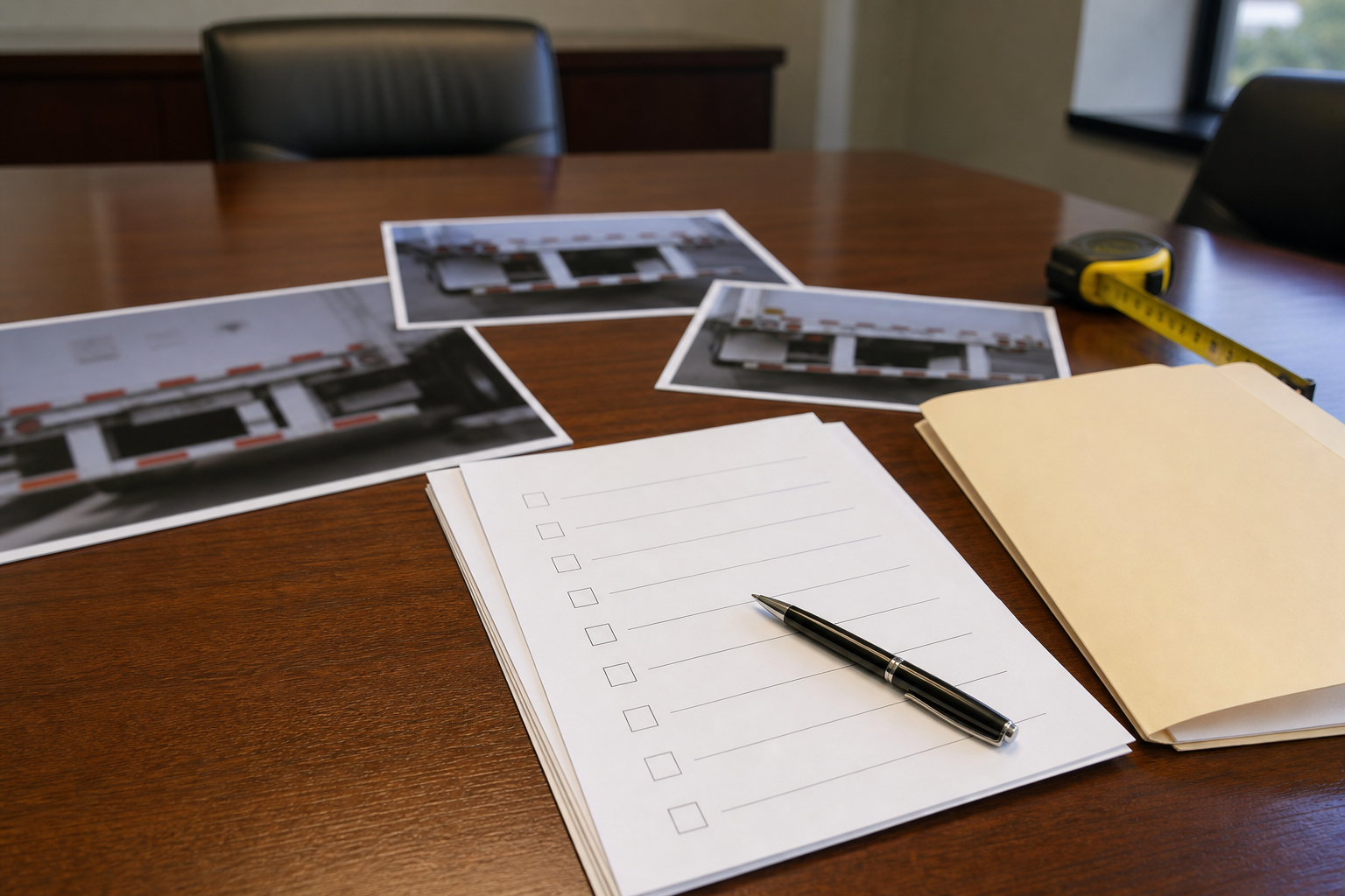 Underride truck accident evidence file with guard photos and measuring tape