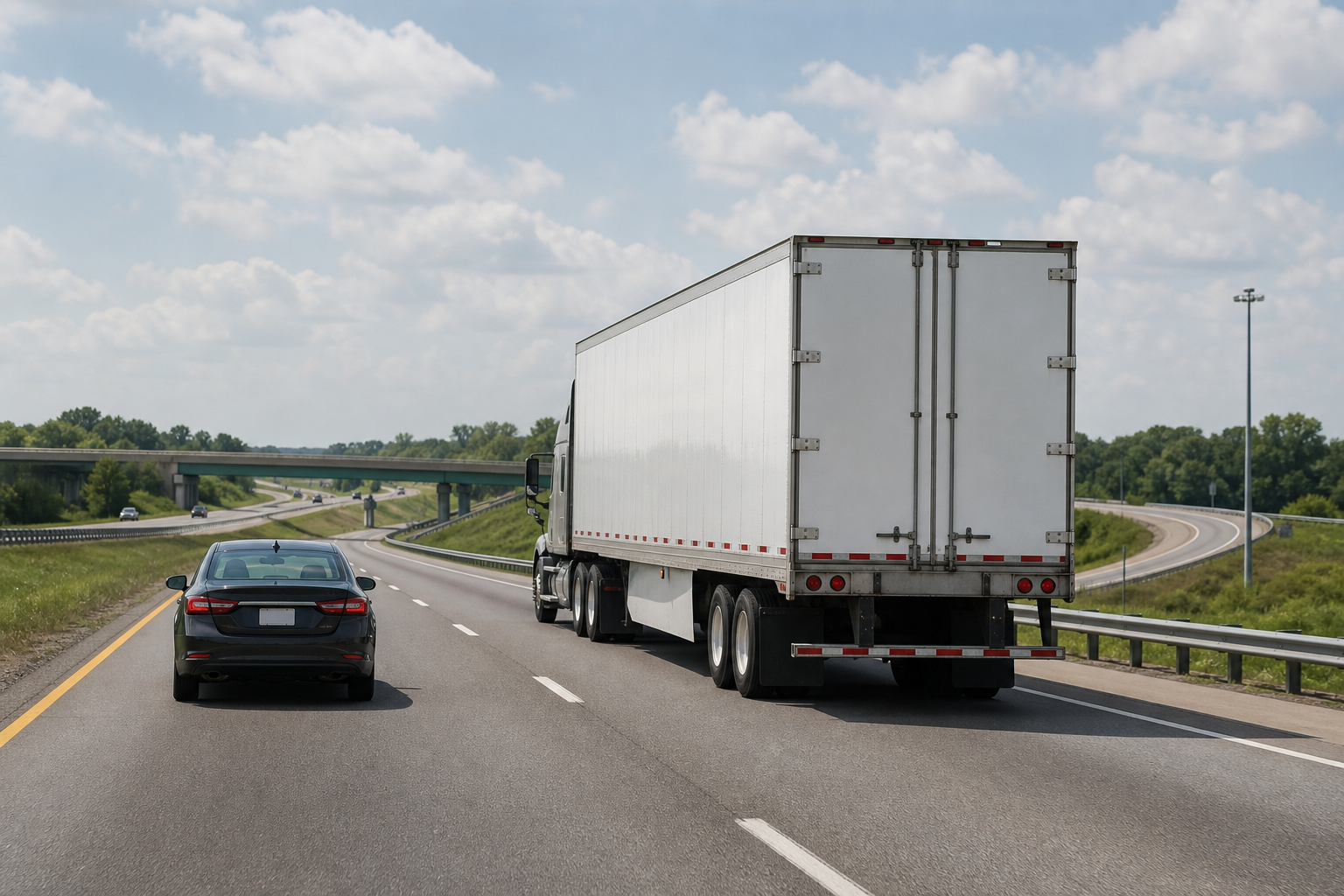 Passenger car following a semi truck at a safe distance on an Indiana roadway