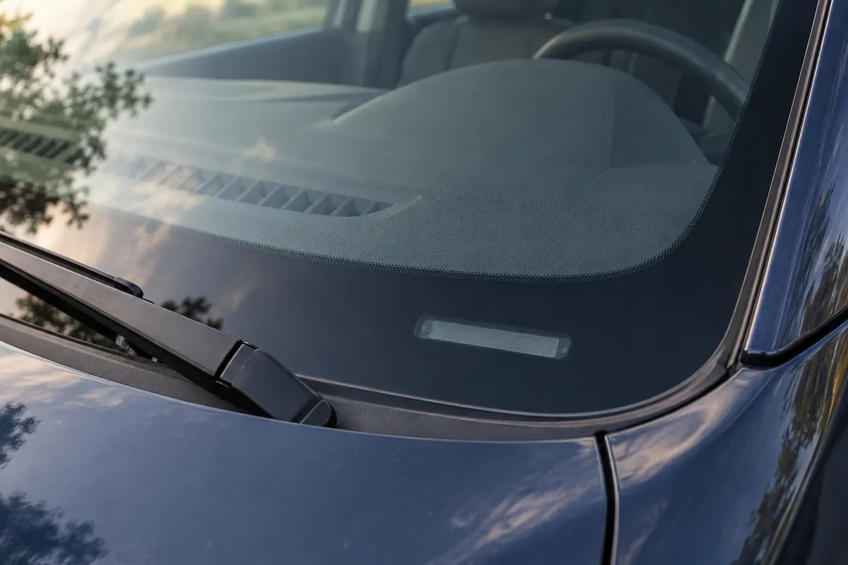 Vehicle identification plate at the lower corner of a windshield