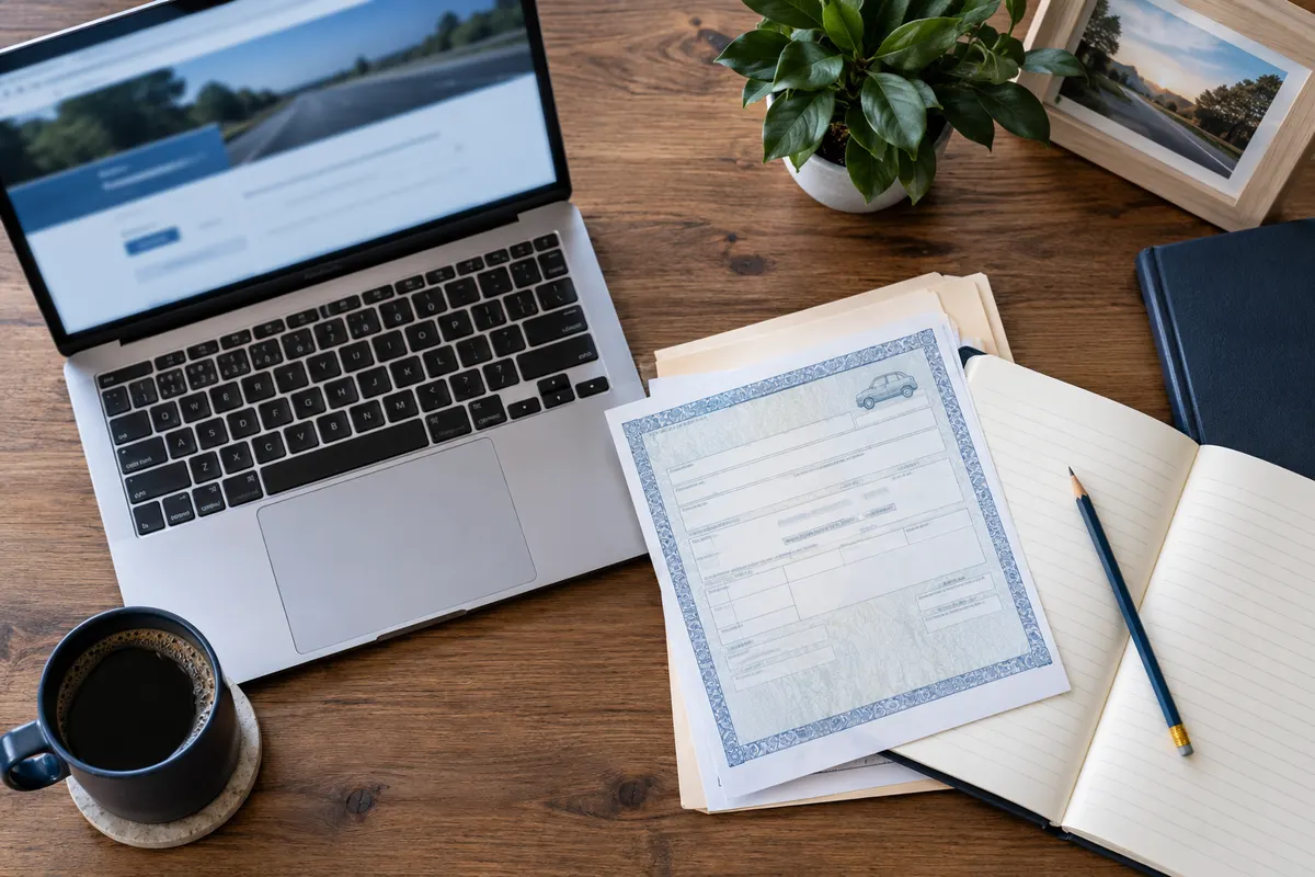 Laptop and vehicle documents organized for a dated recall search