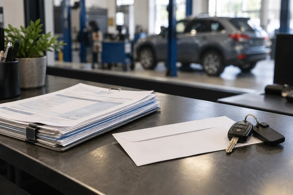 Vehicle service invoices and a recall envelope beside car keys