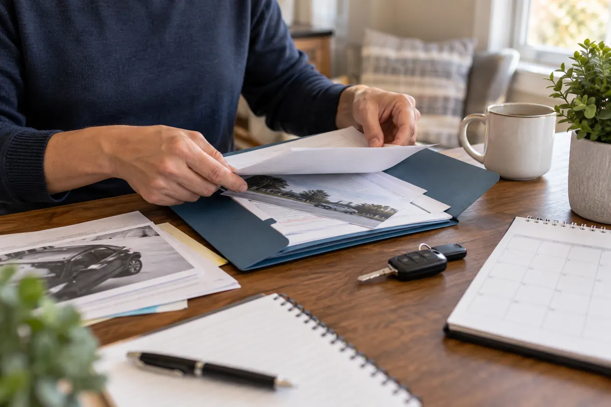 Hands organizing a dated vehicle service file