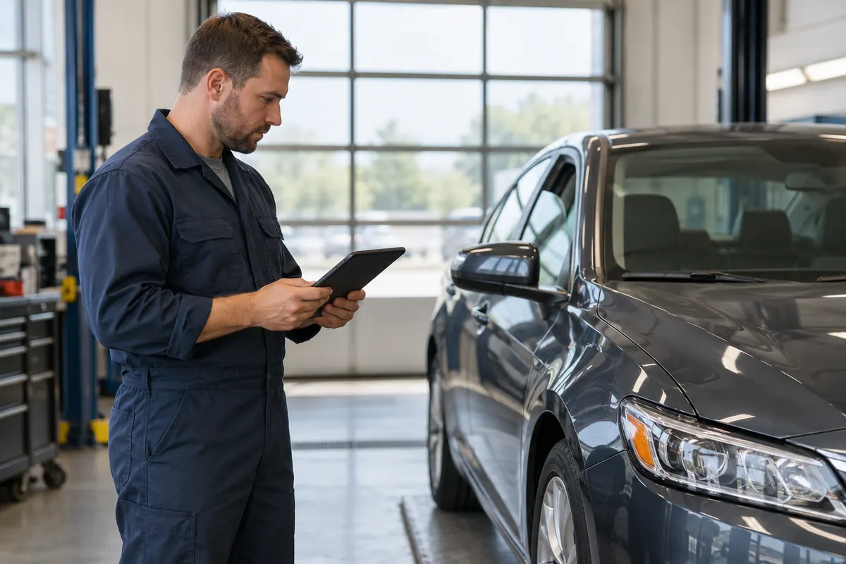 Mechanic reviewing a stationary passenger car in an inspection bay