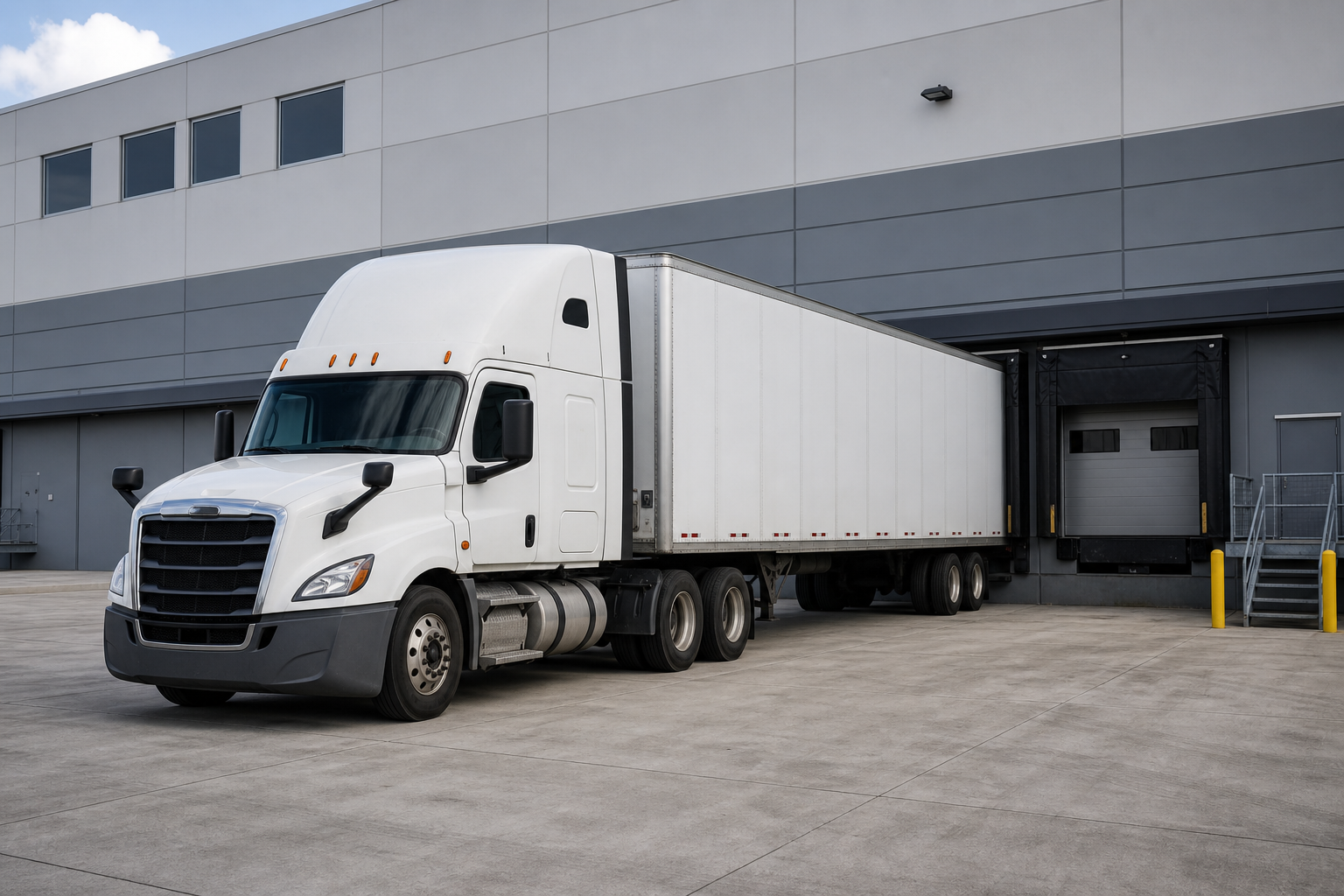 Semi truck at warehouse loading dock showing trucking company operations