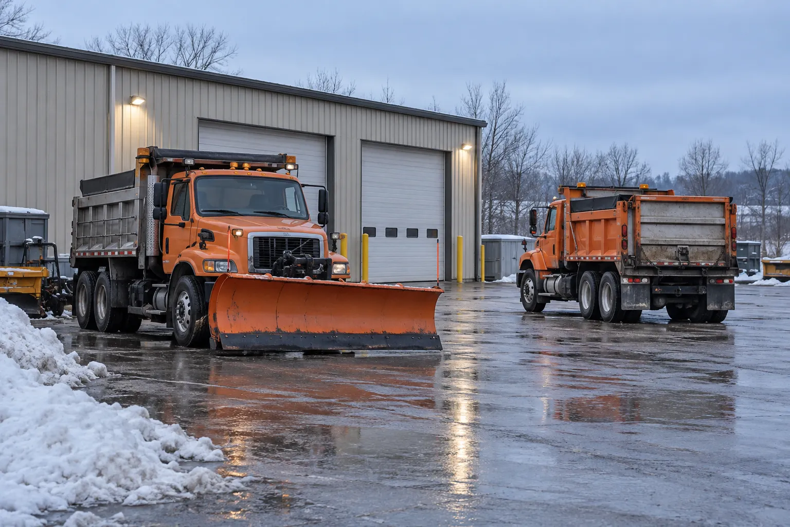 Road-maintenance trucks parked at an operations depot