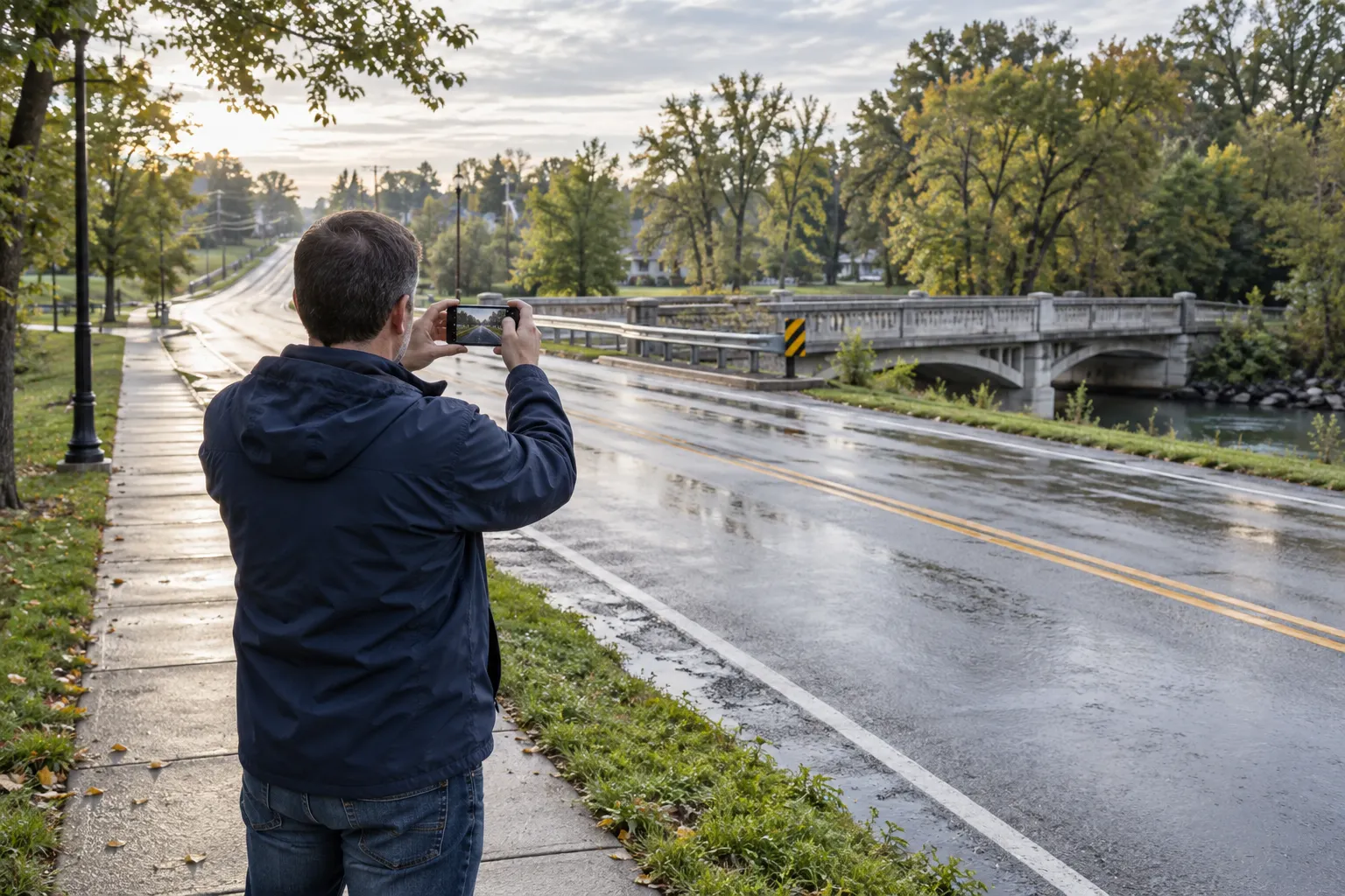 A person documenting a roadway from a safe public sidewalk