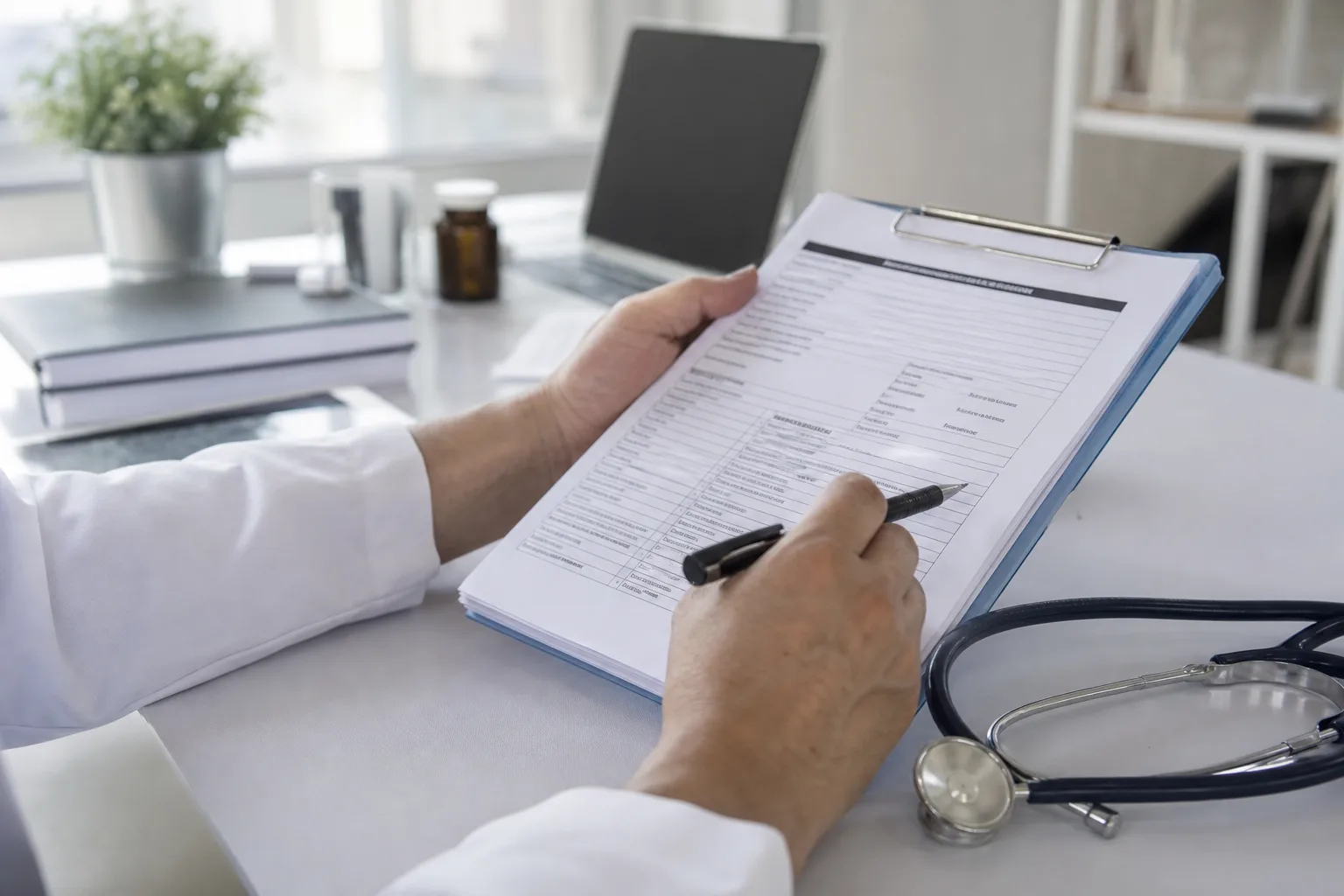Doctor reviewing a medical chart while classifying an injury's severity