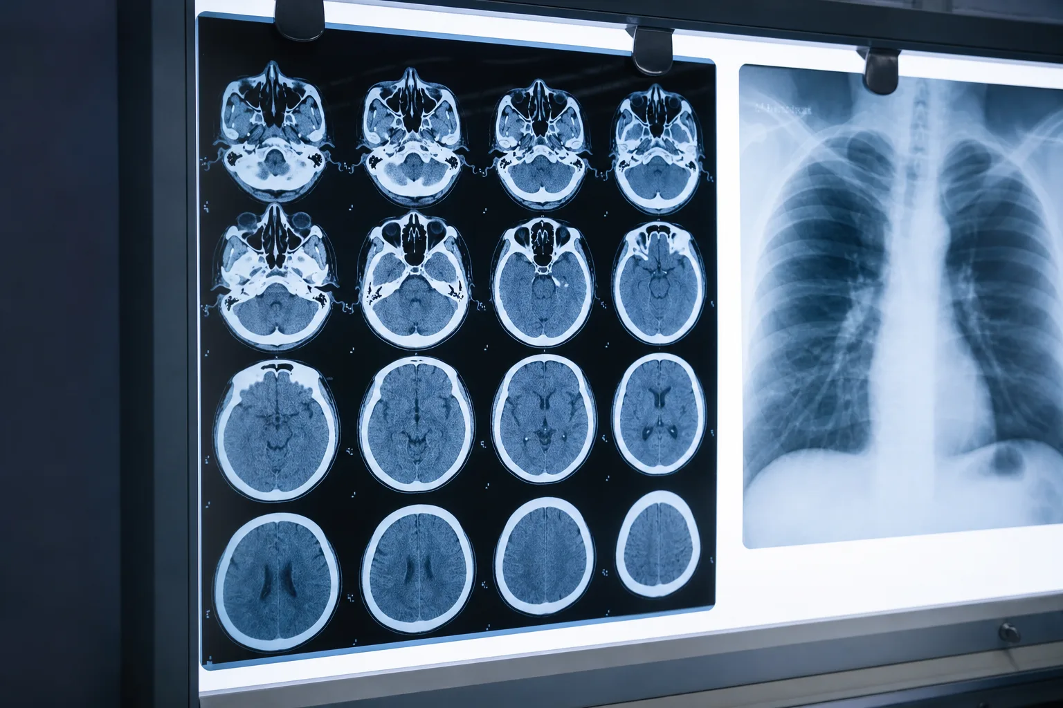 Brain CT scan and X-ray films on a light box used to assess injury severity