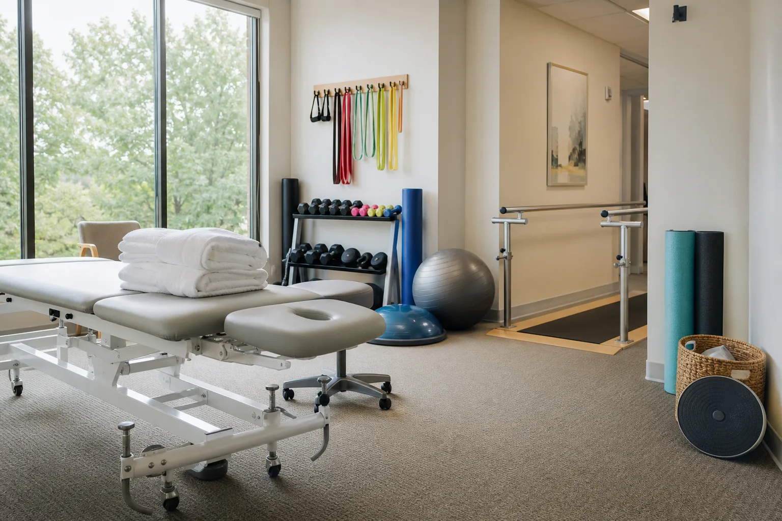 Physical therapy room representing recovery and treatment duration for moderate injuries
