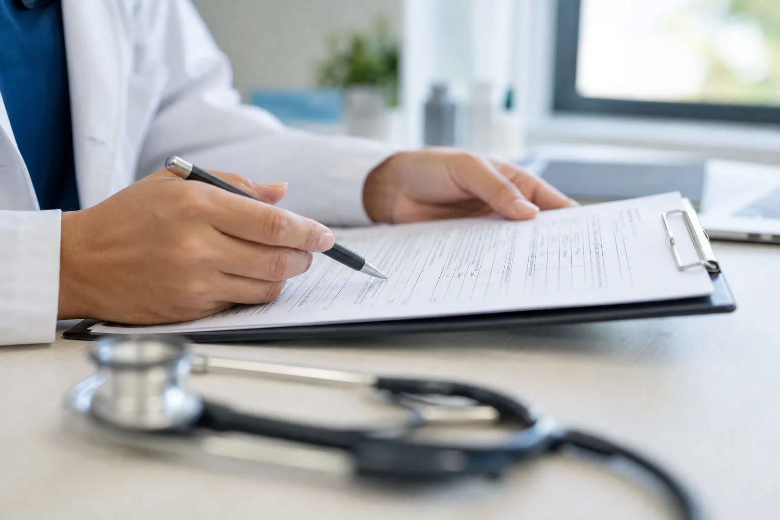 A doctor reviewing a medical chart, illustrating the duty of care owed to a patient