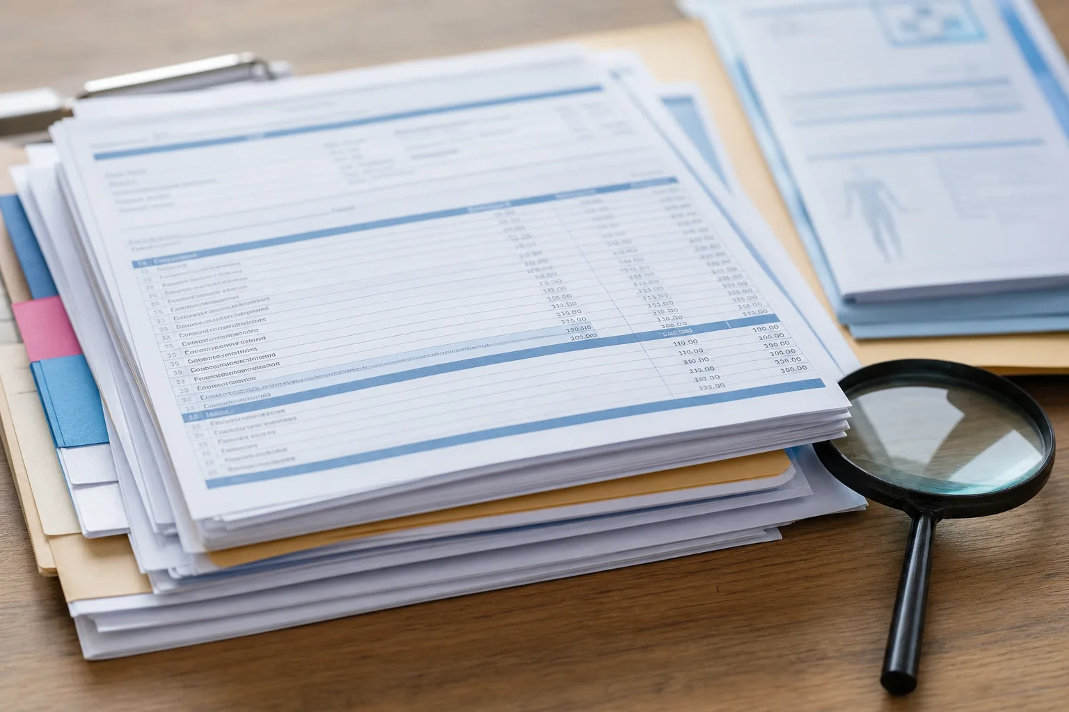 Medical records and bills with a magnifying glass, representing proof of causation and damages
