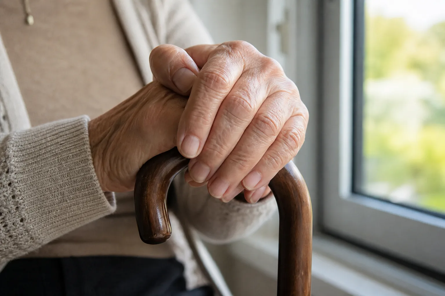 An older adult's hands on a cane, representing elder neglect as distinct from general negligence